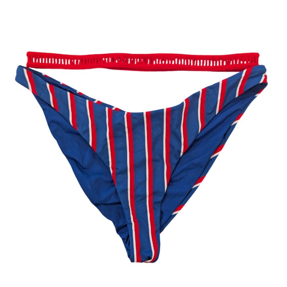 BAHIMI Nwt Striped Bikini Bottoms M Ladder Lace Trim Blue Red White